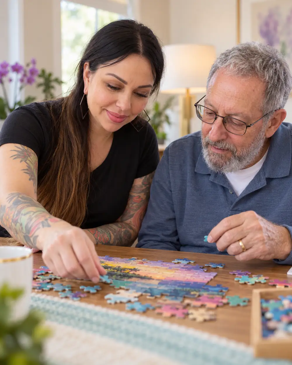 Andi doing a puzzle with an older adult