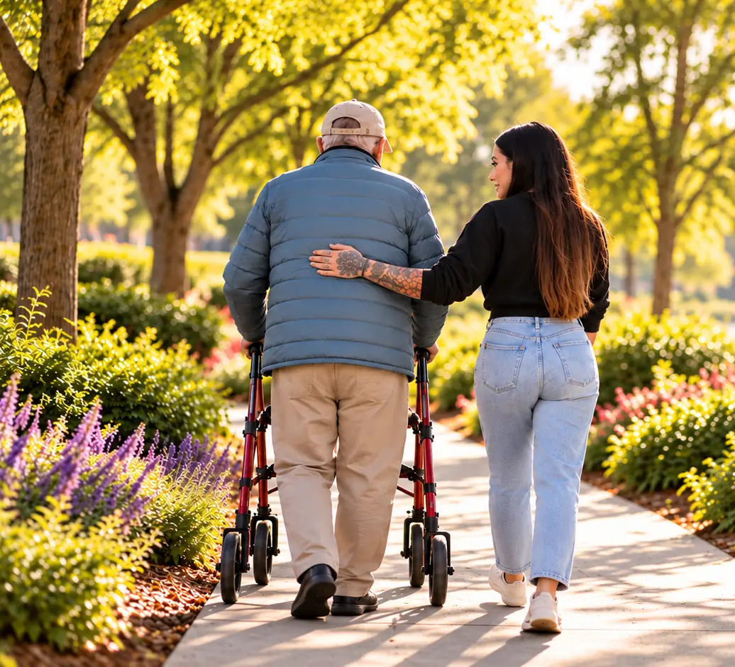 Caregiver walking with an older adult using a walker